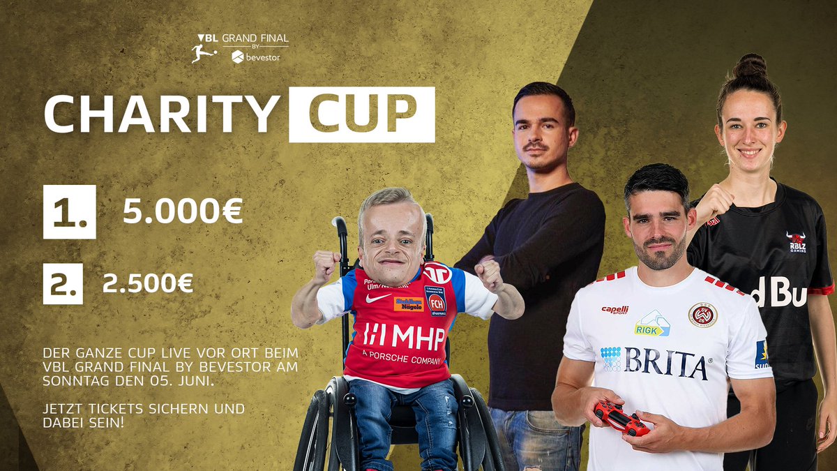 Charity Cup zum VBL Grand Final by bevestor 🎗️

Am Sonntag, den 05. Juni findet als Rahmenprogramm unser Charity Cup mit besonderen Gästen statt: <a href="/nik_lugi/">Niklas Luginsland</a>, <a href="/rblz_lena/">Lena</a>, <a href="/M_ocki91/">Sascha Mockenhaupt</a> und @Erne_FeelFIFA spielen um 7.500€ für den guten Zweck 😍

Ticket sichern: eventbrite.com/e/vbl-grand-fi…
