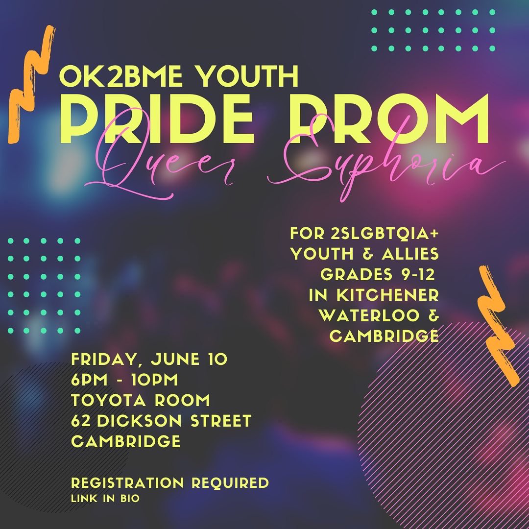 It’s PRIDE PROM TIME!! Pride Prom is next Friday already!! Calling all Waterloo Region high schoolers - 2SLGBTQIA+ folks and allies!

We have a capacity limit, so make sure you get registered as soon as you can. Link in our bio. #QueerEuphoria #PrideProm