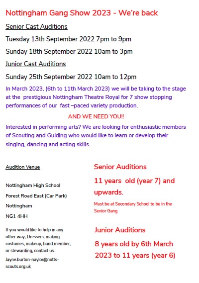 Do you or a young member you know love to perform? 
<a href="/NottmGangShow/">Nottingham Gang Show</a> is back for 2023, and we're looking for more people to join them! If you want to be part of the 2023 Gang, then see below. So get your voices warmed up and we'll see you on stage! #teamnotts #gangshow23