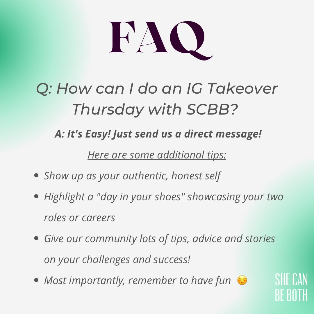 Takeover Thursdays are an additional way for you to engage with the She Can Be Both community, showcase who you are, and give a glimpse into your everyday life. Please send us a DM with your interest ❤️