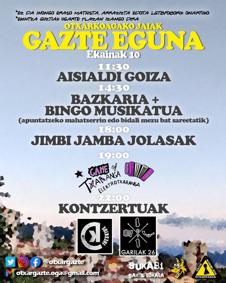 otxargazte's tweet photo. 🔥BUELTAN DIRA AUZOKO JAIAK!!! 
📜Hemen duzue Gazte Eguneko egitaraua. 
🍽️Bazkarian apuntatzeko Mahatsherrin edo sare sozialen bitartez
    *Apuntatzeko azken eguna ekainaren 8an
    *Aukera beganoa nahi izatekotan, adierazi
🎤 @iheskide
eta @garilak26 taldeek girotuko dute gaua https://t.co/uSjGp2Ed1x