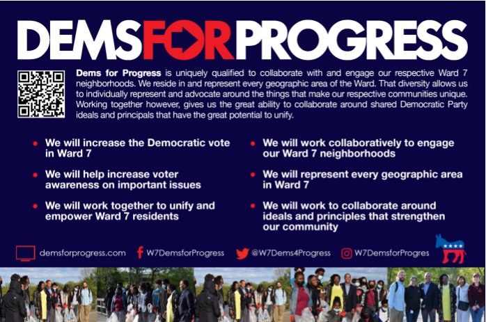 Simply_Stamper's tweet photo. I firmly believe in uplifting community voices and increasing our voting turnout percentage!
VOTE for the Dems for Progress slate members Jimmie Williams, Nkosi Bradley, Dorothy Douglas and myself Patricia Stamper!
#Ward7VOTES #Ward7
#DemsForProgress #Ward7DemsForProgress https://t.co/cpVMOSECVJ