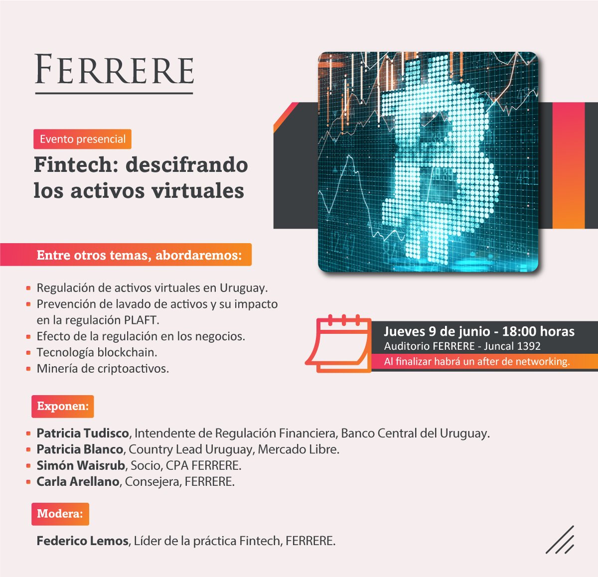 #URUGUAY Los invitamos al evento "Fintech: descifrando los activos virtuales", el próximo jueves 9 de junio.

Expondrán: Patricia Tudisco (<a href="/BancoCentral_Uy/">Banco Central del Uruguay (BCU)</a>), Patricia Blanco (<a href="/Mercadolibre/">Mercado Libre</a>), <a href="/SimonWaisrub/">Simon Waisrub</a>, <a href="/carellano_15/">Carla Arellano</a> y @Federico_Lemos_. 

Registro: lnkd.in/drqs6jTb