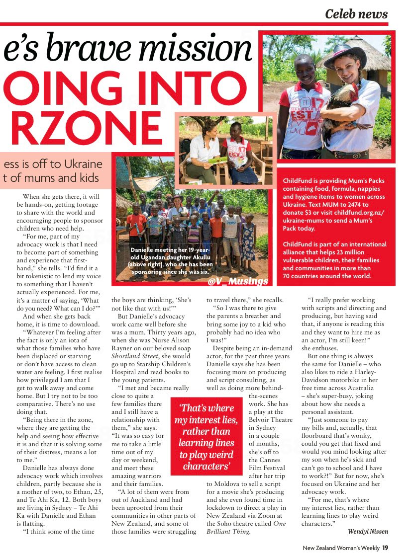 V_Musings's tweet photo. A great interview with Danielle Cormack in NZ Woman’s Weekly talking about her trip to Moldova for ChildFund to help those fleeing Ukraine and what’s she’s been getting up to recently! #daniellecormack https://t.co/5apuXdRhyy