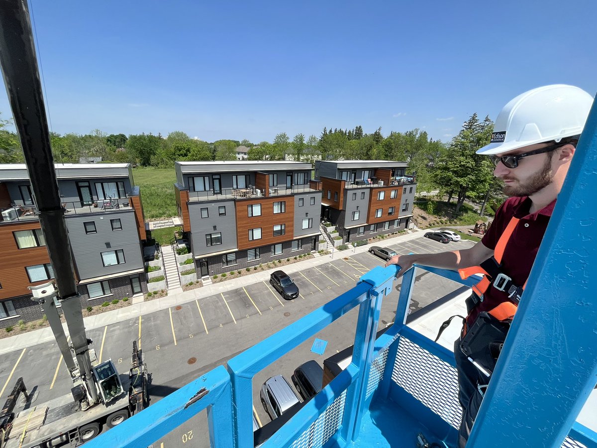 StefanNespoli's tweet photo. Lovely view from the crane basket today while reviewing some roofs for a Performance Audit client in Kitchener. Are you afraid of heights? @EdisonEngineers https://t.co/F1lSEq7XUy