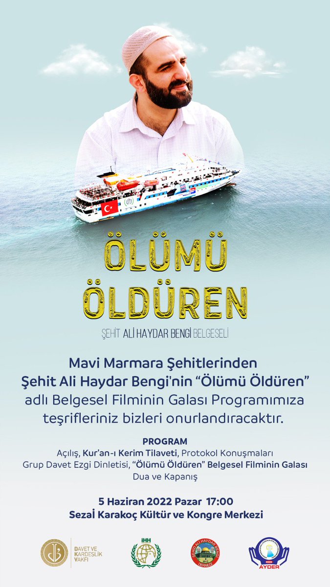 #MaviMarmar Şehidi Ali Haydar Bengi anısına hazırlanan “@olumuolduren” Belgesel filmimizin galası;
5 Haziran pazar günü, 
saat: 17.00'da 
Diyarbakır/Sezai Karakoç Kültür ve Kongre Merkezinde yapılacaktır.
Pazar günü Diyarbakır'a bekleriz.