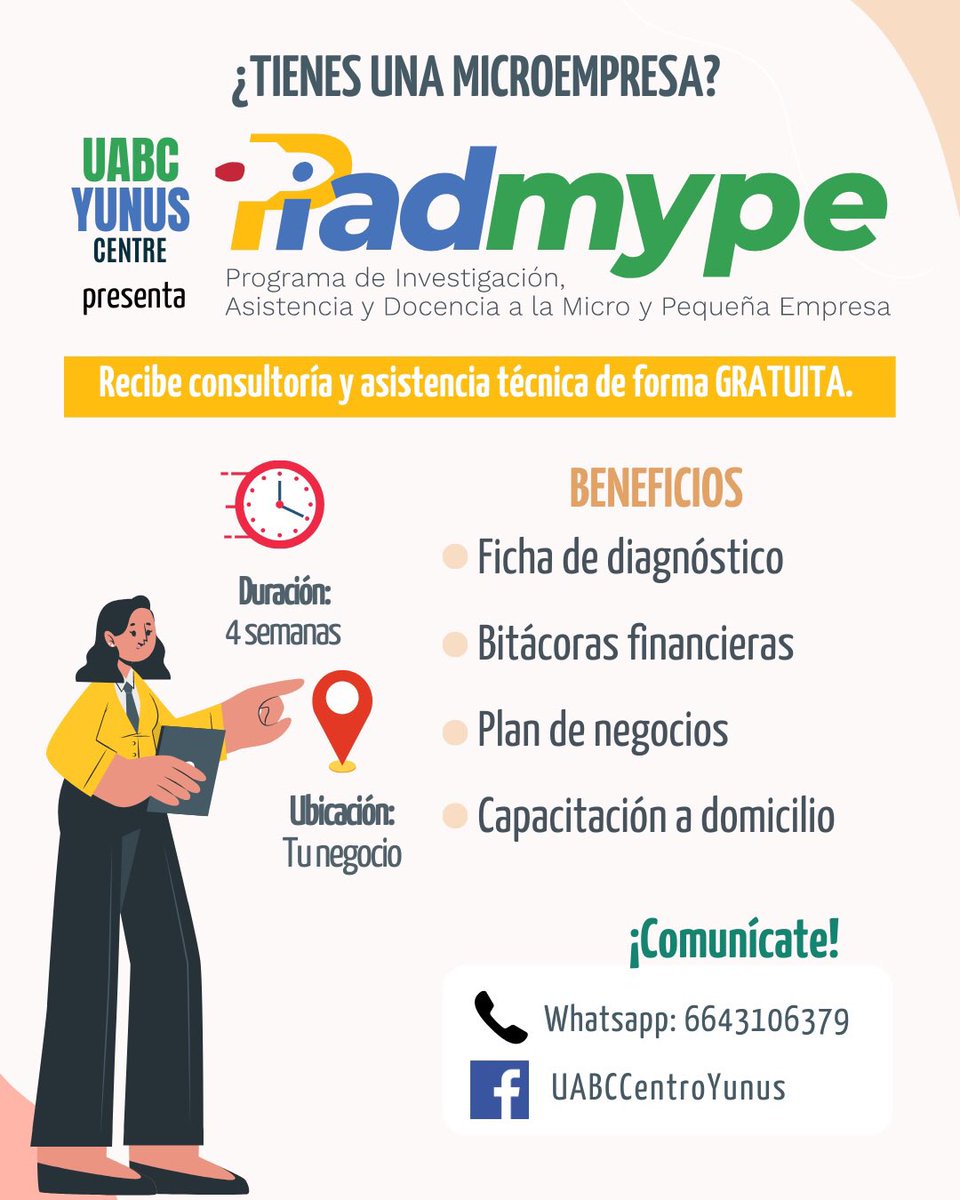 feyriuabc's tweet photo. ¿Tienes un negocio y necesitas #consultoría y #asistencia técnica?
Acércate al @centroyunusuabc y benefíciate de manera #gratuita con el Programa de Investigación, Asistencia y Docencia a la Micro y Pequeña Empresa.

#yunusfeyri #Tijuana #pyadmype https://t.co/uKaszshkSK