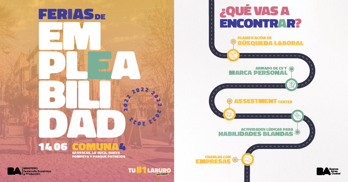 BAJoven's tweet photo. ¿Querés emprender la ruta🛣 hacia Tu #1Laburo? Tenemos un notición para vos 📣¡Vuelven las #FeriasDeEmpleabilidad!
¿Cuándo?
🗓14/06
¿Dónde?
📍Comuna 4
❗️Requisitos
Tener entre 18 y 35 años
Residir en CABA
Inscribite: https://t.co/Y2K7ZKb8vB
⚠️Los cupos son limitados! https://t.co/C0l2gChWJW
