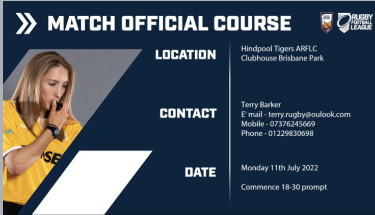 🚨Upcoming Match Official Courses 📍Widnes 25th June 📍Barrow 11th July All details below 👇 More courses to be added soon! #GiveitaTRY🏉