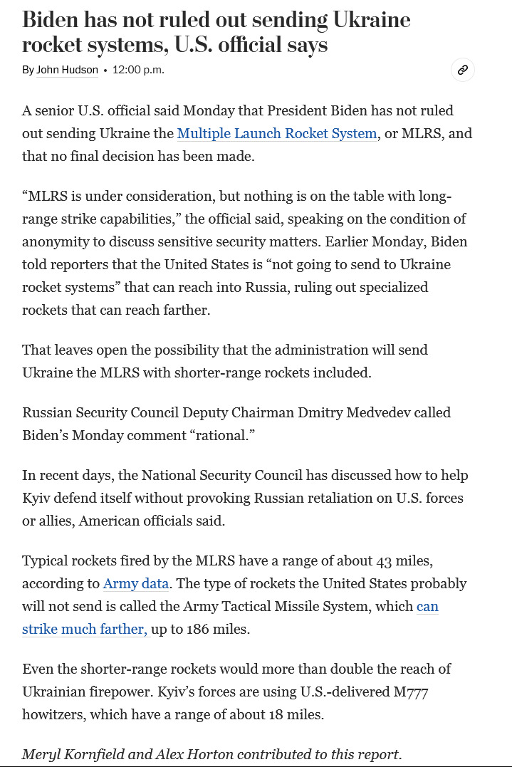 attilaXT's tweet photo. 🇺🇦🇺🇸 Les autorités américaines étudient la possibilité de fournir à Kiev des MLRS, mais en l'absence de missiles à longue portée, aucune décision définitive n'a été prise.
(WP) https://t.co/a7y0vTdOEI