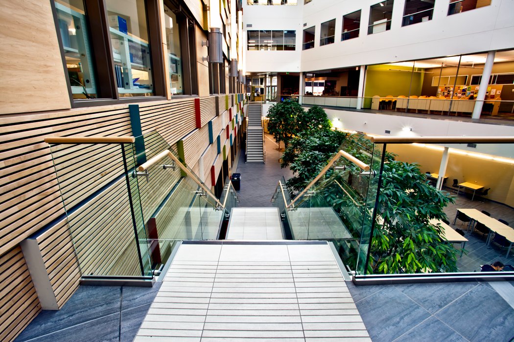 The atrium in the Richardson College for the Environment and Science Complex on the University of Winnipeg campus is paneled with reclaimed hardwood flooring from the roller rink that used to occupy the same lot. 
@uwinnipeg 
#worldinteriorsday2022