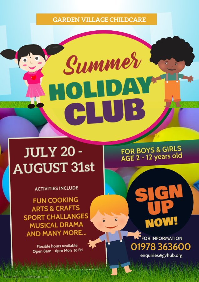 GVCC16's tweet photo. Garden Village Childcare Summer Holiday Club

To book your childs space, contact us on

01978 363600 or email
Enquiries@gvhub.org https://t.co/vtj4xWWbGe
