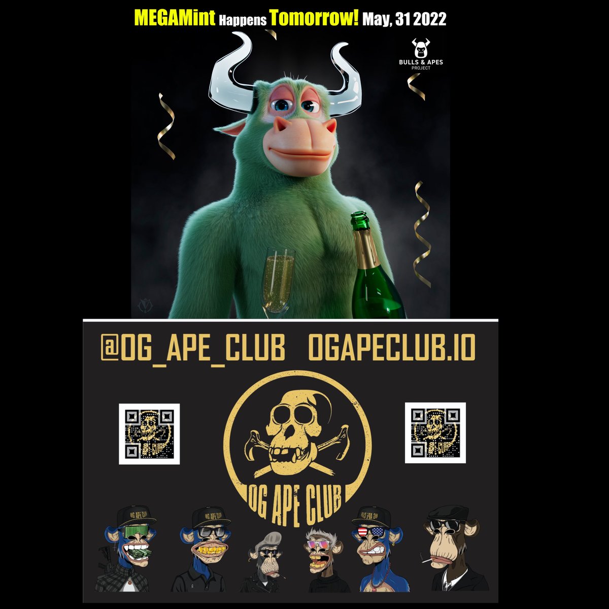 OG_Ape_Club's tweet photo. Come hear about what @BullsApesProj have going on and Alph on there mint tomorrow. Live VC in @OG_Ape_Club discord 12pm pst https://t.co/OnsHj2zfYl https://t.co/U4qAcbxcp3