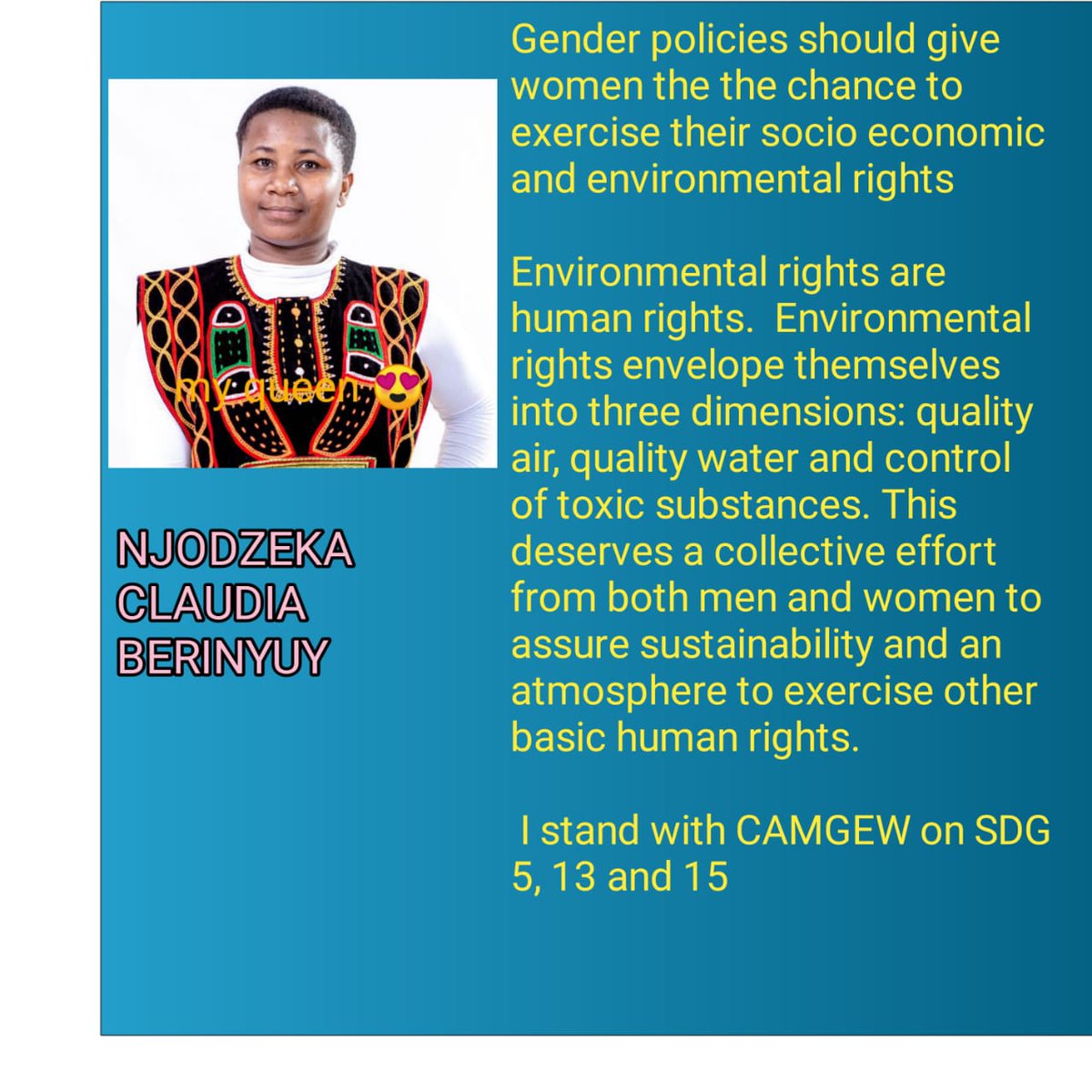 NjodzekaClaudia's tweet photo. Together we can conquer, let us give women the opportunity to partake in environmental management. Women's Rights are Human Rights.@CAMGEW
#camgewcoalition4genderequality
#camgewhervoicecounts
#camgew https://t.co/ASkadI4sCT