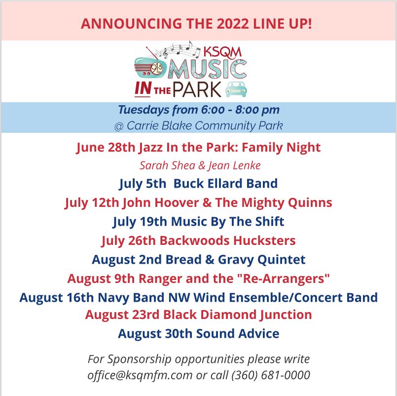 VisitSequim's tweet photo. Music in the Park is back with a full outdoor concert schedule!  Bring your chair &amp; blanket to the beautiful band shell at Carrie Blake Park. #VisitSunnySequim #KSQMMusicInThePark  #CarrieBlakePark #CityofSequimArtsAdvisoryCommission #LiveMusic https://t.co/HFTqlEMZvN