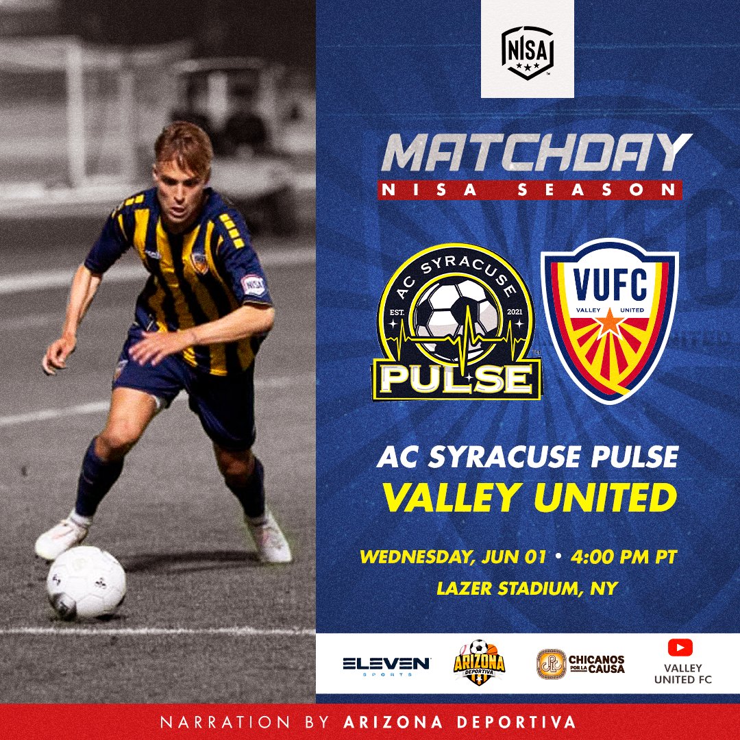 Next away game, here we come! 👉

⚽ Opponent: @syracusepulse
🏟️ Stadium: Lazer Stadium, NY
🕒 Date and time: 06/01/22 - 4:00 PM PT

#ValleyUnited #VamosUnidos #ValleyBoys #soccerteam #soccermatch #matchday #arizonasoccer #phoenixsoccer #NISA #NISAsoccer #ussoccerteam