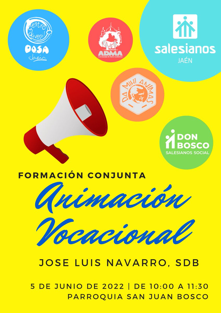 🟡 𝔽𝕠𝕣𝕞𝕒𝕔𝕚ó𝕟 𝕔𝕠𝕟𝕛𝕦𝕟𝕥𝕒 🟡

El próximo domingo 5 de Junio, tendremos nuestra Formación Conjunta de la Casa Salesiana sobre Animación #vocacional 

Será de 10h a 11,30h en la Parroquia.

La persona que nos guiará será José Luis Navarro, sdb.

Os esperamos 🎉🎉