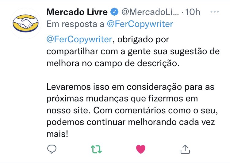 FerCopywriter's tweet image. Que legal recebe a resposta do @MercadoLivre
Eu realmente acredito que o campo de descrição é muito subutilizado e poderia gerar muito mais venda.
#copywriting #ecomm #ecommercebusiness