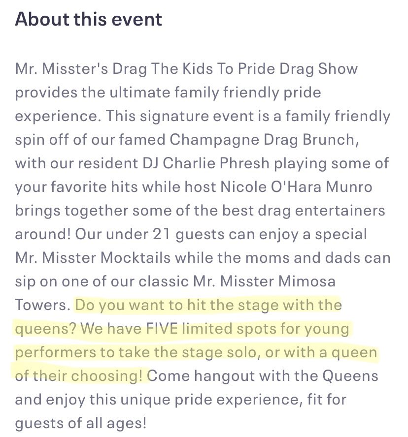 A bar in Dallas, Texas is advertising a drag show for children including the oppurtunity for some kids to perform with the drag queens on stage. This is the drag queen host.