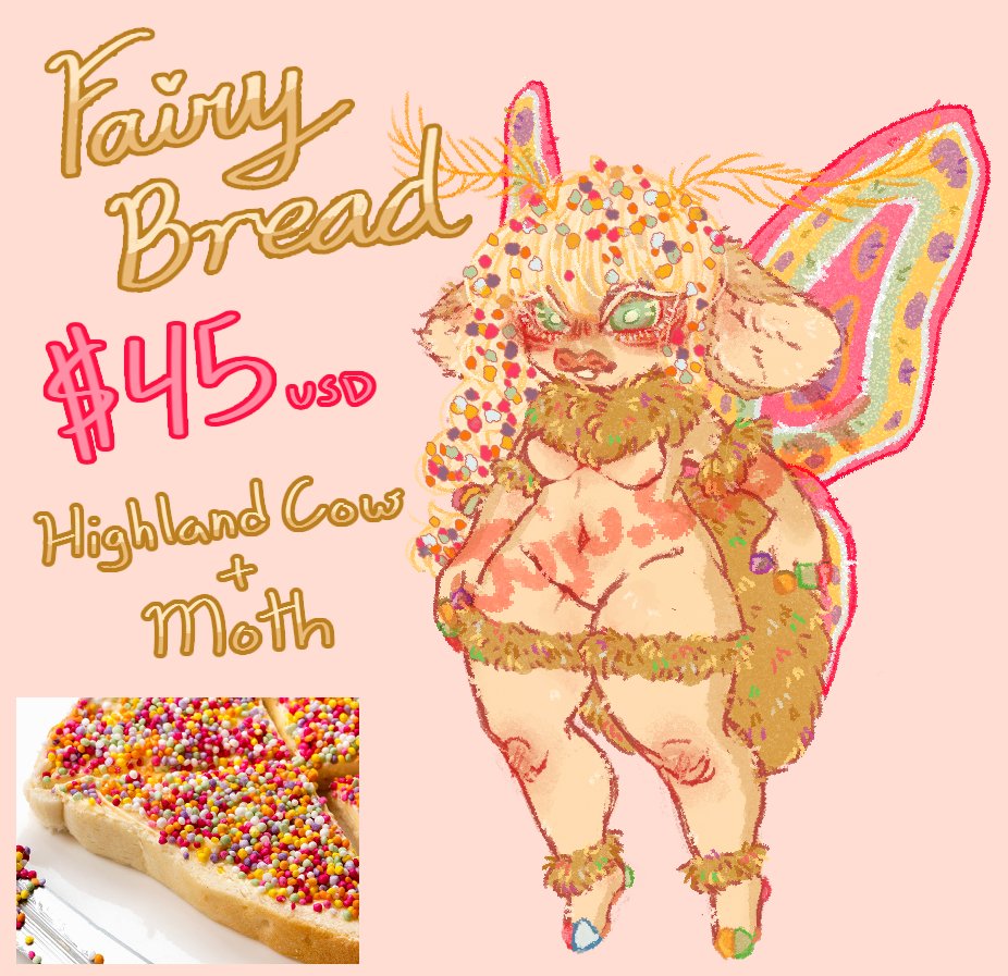 FAIRY BREAD MOTHFAIRY ADOPT❤️🧚
Flat$ale Adopt bc I need funds to buy my snake more food woops
Feel free to comment or dm to claim!