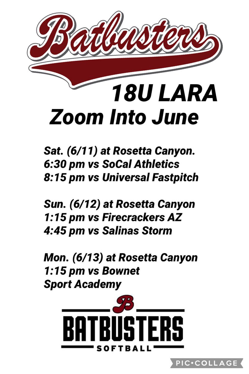 Come see our 18’s play in Zoom Into June @ Rosetta Canyon. We only have 5 uncommitted players left. 23’ P Amanda Smith, 23’ IF Kennadie Tsue, 24’ SS Quinn Waiki, 24’ OF Kiara Cisneros and 23’ IF Isabel Tellez.