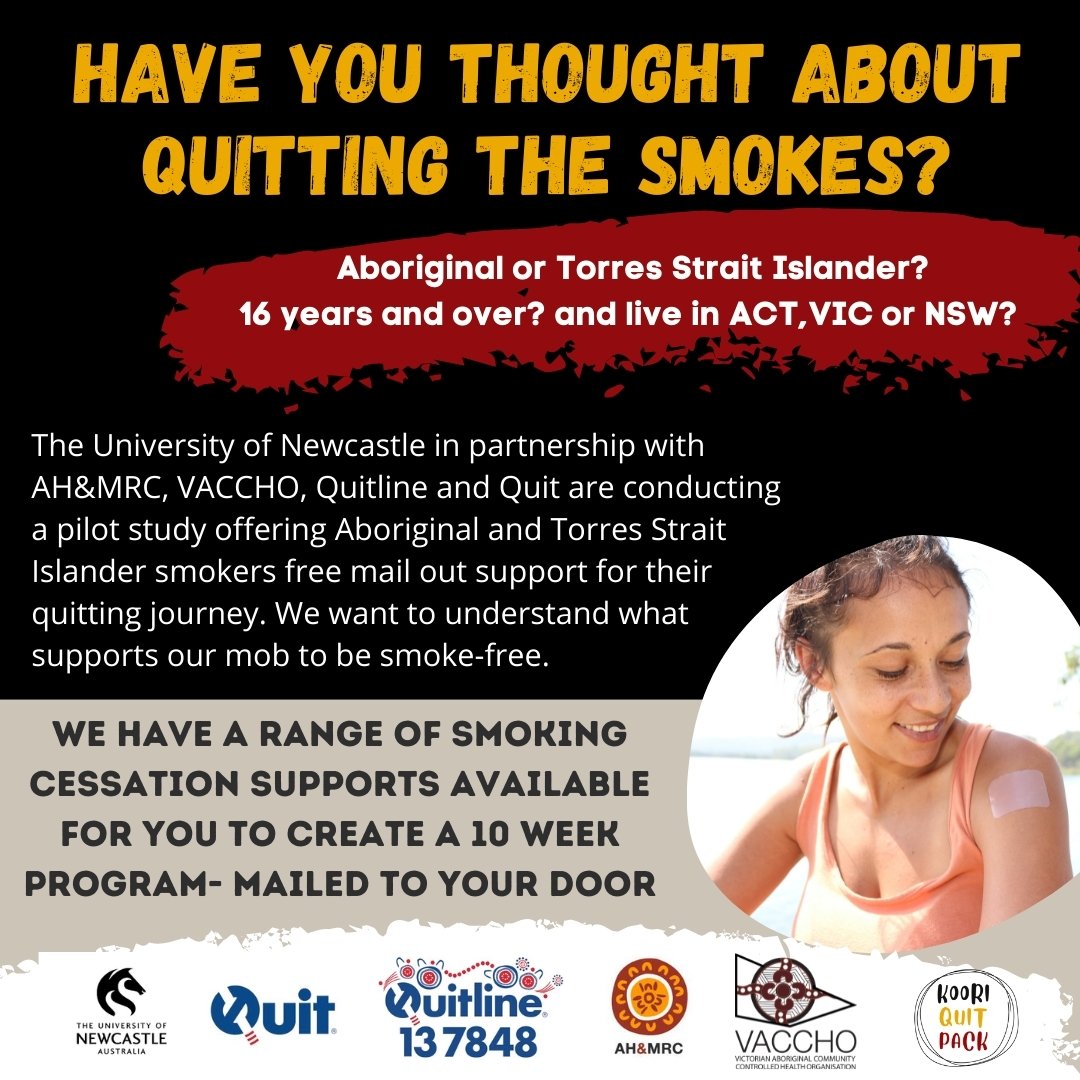Today is #WNTD2022 and to mark the event we are excited to launch our new Koori Quit Pack project. Developed and co-owned with our partners <a href="/ahmrc/">AH&MRC of NSW</a> <a href="/VACCHO_org/">VACCHO</a> <a href="/AQuitline/">Aboriginal Quitline</a> <a href="/quitvic/">Quit</a> <a href="/cancerNSW/">Cancer Institute NSW</a> Click the link for more information: redcap.link/kooriquitpack