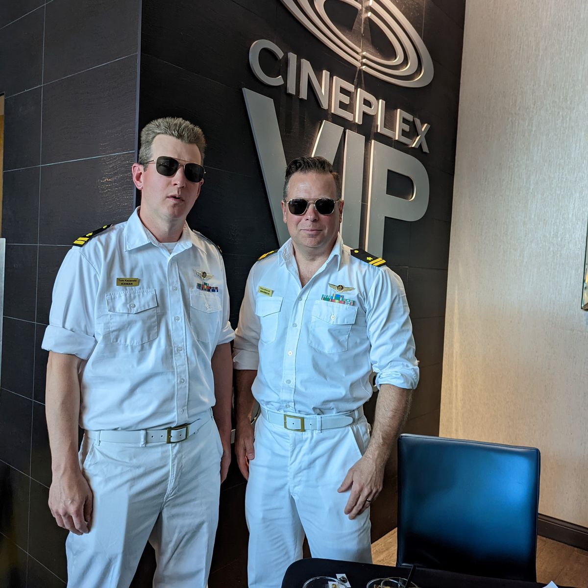 ctvsaskatoon's tweet photo. Kelly Hiebert sends us today's picture of the day. The staff of Saskatchewan Air Ambulance had a special screening of top gun on Saturday night. Two of the staff members, Derek Ford and Brian Shaw, dressed up as Maverick and Iceman in their “dress whites." https://t.co/selU5RboMo
