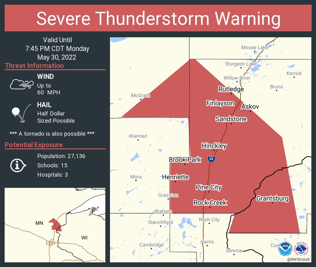 NWS Duluth on Twitter "Severe Thunderstorm Warning including Pine City MN, Sandstone MN and