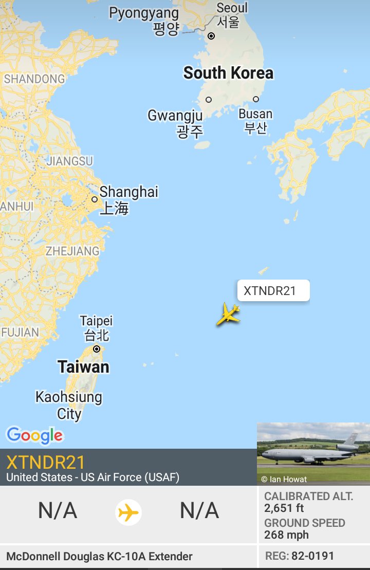 Oceanworldfree's tweet photo. ๐บ๐ฒUSAF XTNDR21 82-0191 #AE0210 departing from #KadenaAB for northern #EastChinaSea
KC-10A Extender https://t.co/wxhaYMppOq