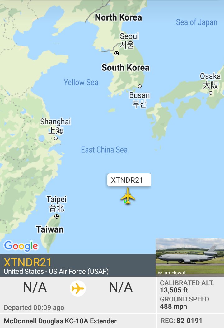 Oceanworldfree's tweet photo. ๐บ๐ฒUSAF XTNDR21 82-0191 #AE0210 departing from #KadenaAB for northern #EastChinaSea
KC-10A Extender https://t.co/wxhaYMppOq
