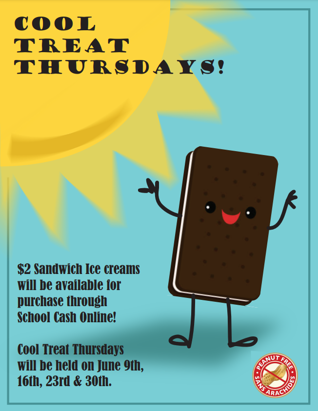 COOL TREAT THURSDAYS!🌞🍦
<a href="/stalphonsaDP/">St. Alphonsa Catholic Elementary School</a> Parent Council will be selling ice cream sandwiches through School Cash Online for $2 each. Delivery will take place on Thurs June 9, 16, 23 and 30. Ice cream sandwiches can be purchased from May 30  until Mon June 6.