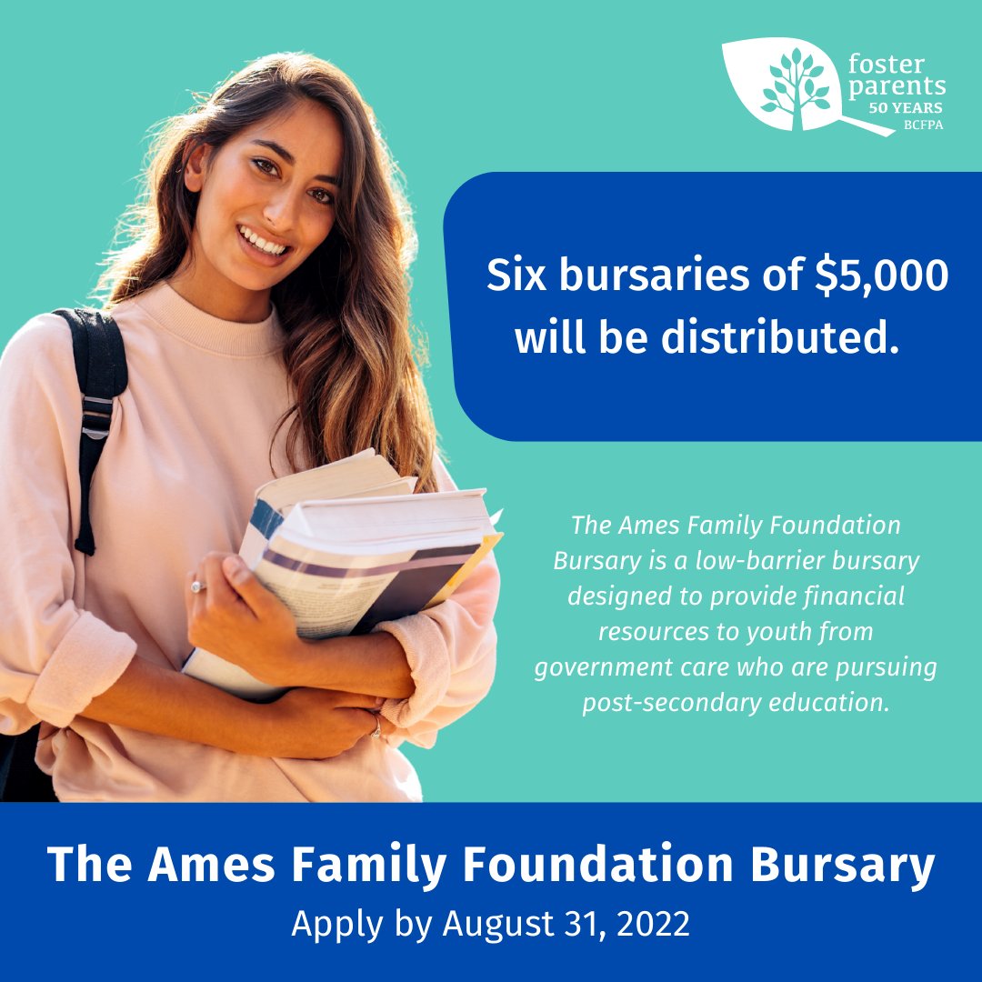 BCFosterParents's tweet photo. Today, on the first day of BC Child and Youth in Care Week, we launched the Ames Family Foundation Bursary. 

Six bursaries of $5,000 will be awarded to youth from government care who are pursuing post-secondary education.  

To apply, visit: https://t.co/xkqCbGgM0r https://t.co/IUYPFXFGRR