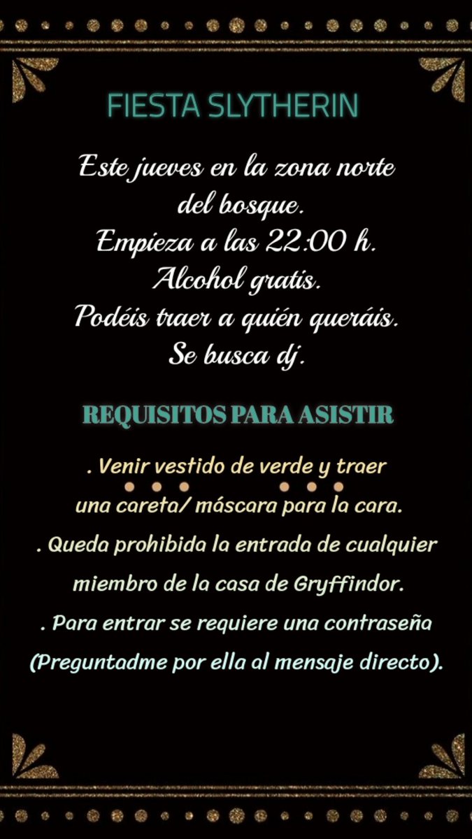 ⚠️🚨 FIESTA SLYTHERIN!!!🚨⚠️
Os agradecería si le dáis al retweet para que llegue a más gente.
@Ladybloodprince @Giny_Slytherin