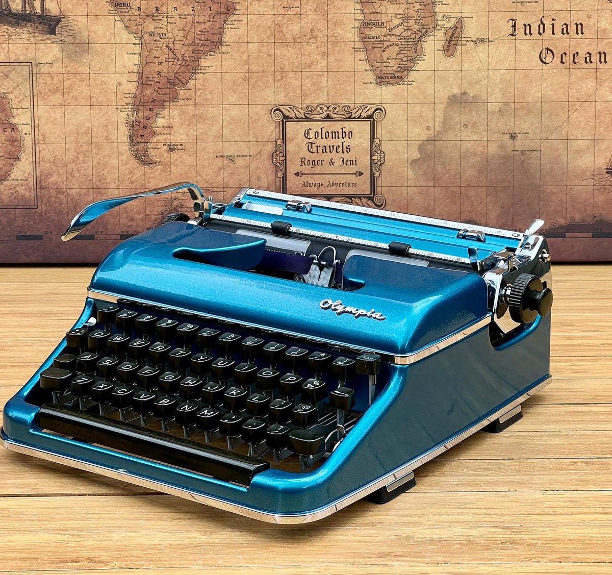 colocollection's tweet photo. The Custom Blue Metallic Restored Olympia SM3 Typewriter with special rare “Congress” typeface and new platen! Up for sale on the website #typewriter #typewritercandy #writersoftwitter https://t.co/Y8TWOyLuYc
