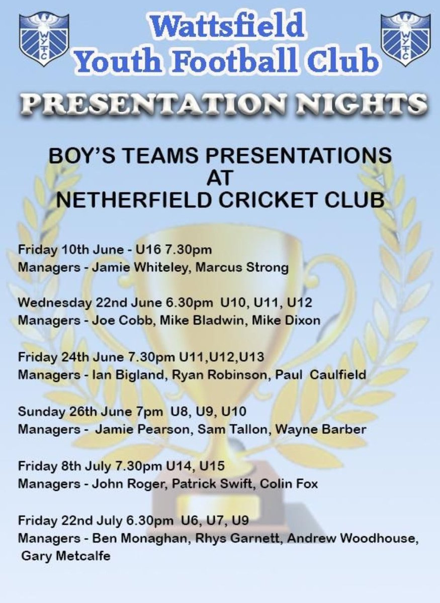 WattsfieldYFC's tweet photo. Evening everyone 👋🏻 here are the details of the boys teams presentation nights at @NetherfieldCC  , we'll hopefully see you all soon ⚽️👍🏻 https://t.co/i7bVjXr2qQ