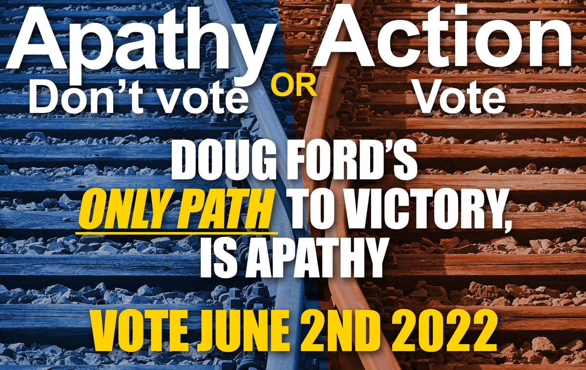 #Ontario #OntarioElection2022 #OntarioVotes 
I don't believe things are AS bad as polls are trying to lead us to believe. No election is in the bag, until the votes are cast & counted. Apathy, inaction, defeatism.. saying 'we can't beat'em' is how HE beats YOU.
#Elxn43 go & vote.
