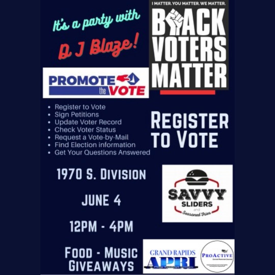 AccessVoting's tweet photo. 🗳 It’s election season!
✔ It's our Fight to Win…
📥 We must be VOTER ready!
🌟 Come out and join us
🎉 June 4 PARTY w/ DJ Blaze!
⏰ 12-4pm
#promotethevote2022 #BlackVotersMatter
#savvysliders #theproactiveproject
#RegisterToVote #mivotemivoice https://t.co/yY5kowyTxM
