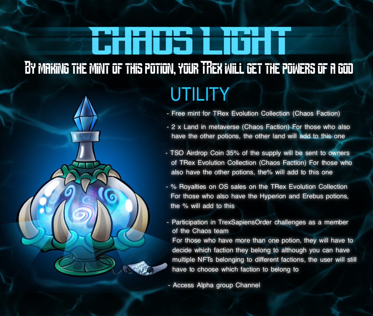 TrexSapiensOrd's tweet photo. We are excited to show you Chaos Light Potion🧪

Below the specifications 🔥

To celebrate 1 NFT AIRDROP🏆
1⃣ RT + ❤️
2⃣ Tag your friends

end in 7 days⏰

#NFTCommunity #NFTGiveaway #NFTs #NFTshill https://t.co/o8P2nNGemI