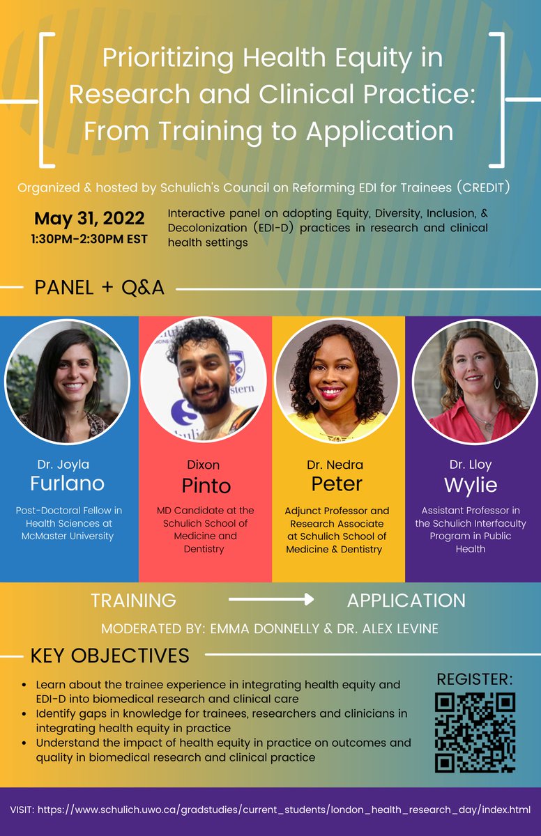 Olivia Ghosh (she/her) (@ogoshhsw) on Twitter photo The Council on Reforming EDI for Trainees <a href="/SchulichMedDent/">Schulich WesternU</a> is really excited to host a panel for #LHRD2022 this year on May 31st @ 1:30pm!
We feature perspectives from trainees & senior researchers on how they use health equity in research & clinical settings! The Council on Reforming EDI for Trainees <a href="/SchulichMedDent/">Schulich WesternU</a> is really excited to host a panel for #LHRD2022 this year on May 31st @ 1:30pm!
We feature perspectives from trainees & senior researchers on how they use health equity in research & clinical settings!