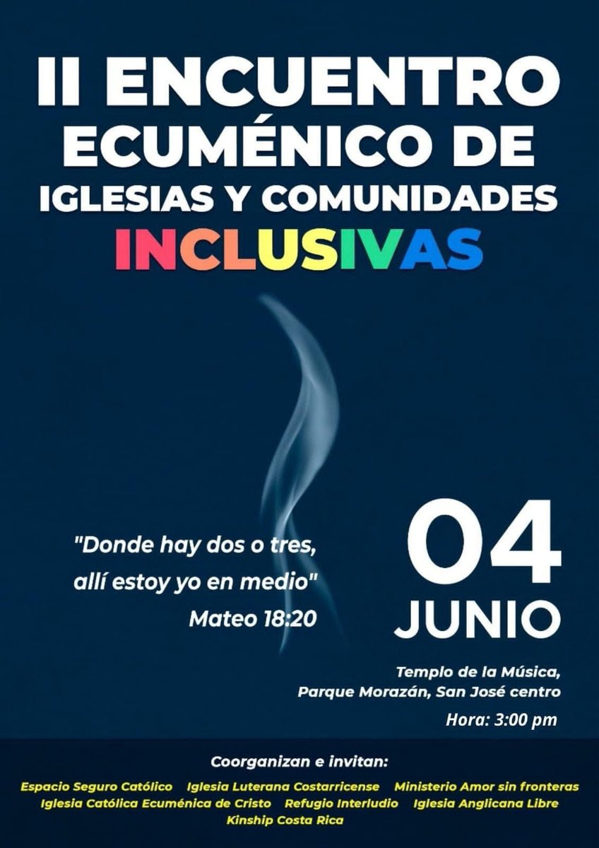 Un Encuentro Ecuménico coorganizado por un conjunto de iglesias y comunidades cristianas hermanas que mantienen una postura inclusiva e incluyente hacia las personas #LGBTIQ+.
🌈#inclusion #igualdad 🇨🇷