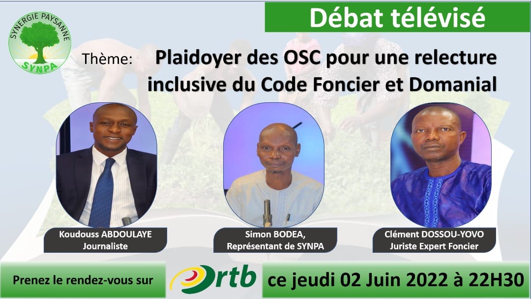 SPaysanne's tweet photo. Dans le contexte actuel de relecture du Code Foncier et Domanial au #Bénin, #SYNPA fait une sortie médiatique et plaide pour l’inclusion des différents acteurs. Prenez le rendez-vous ce jeudi 02 juin à la télévision ORTB à  22H30.
#foncier #inclusion #Plaidoyer #terre #wasexo https://t.co/NCmLntHelI