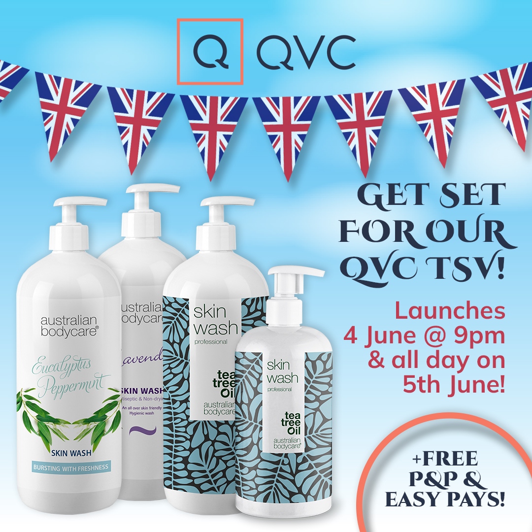 AustralianBodyC's tweet photo. WOW! Our QVC TSV launches Saturday 4th June at 9pm followed by a full day on Sunday with sensational offers on our iconic skin wash! PLUS we have Easy Pays AND FREE P&amp;P over the Queen's Jubilee weekend! https://t.co/coQyYrTOan 🌱 #qvc #qvcuk #qvcbeauty #tsv #qvctsv #easypays https://t.co/i9keVhDTPT