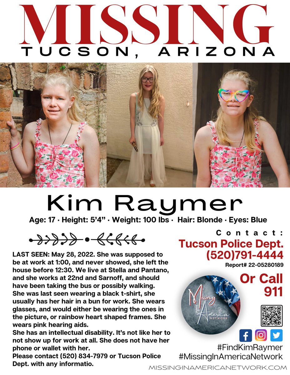 BoyMom_BeachGaL's tweet photo. 🚨 17 yo #KimRaymer #Missing #Tucson #Arizona Last seen May 28 either walking or taking bus to work. Wearing black T-shirt, glasses, pink hearing aids. Kim has an Intellectual Disability. Didn’t show up for work. @KVOA @KOLDnews @KGUN #MissingPosterMonday https://t.co/fHqiSCG9qD