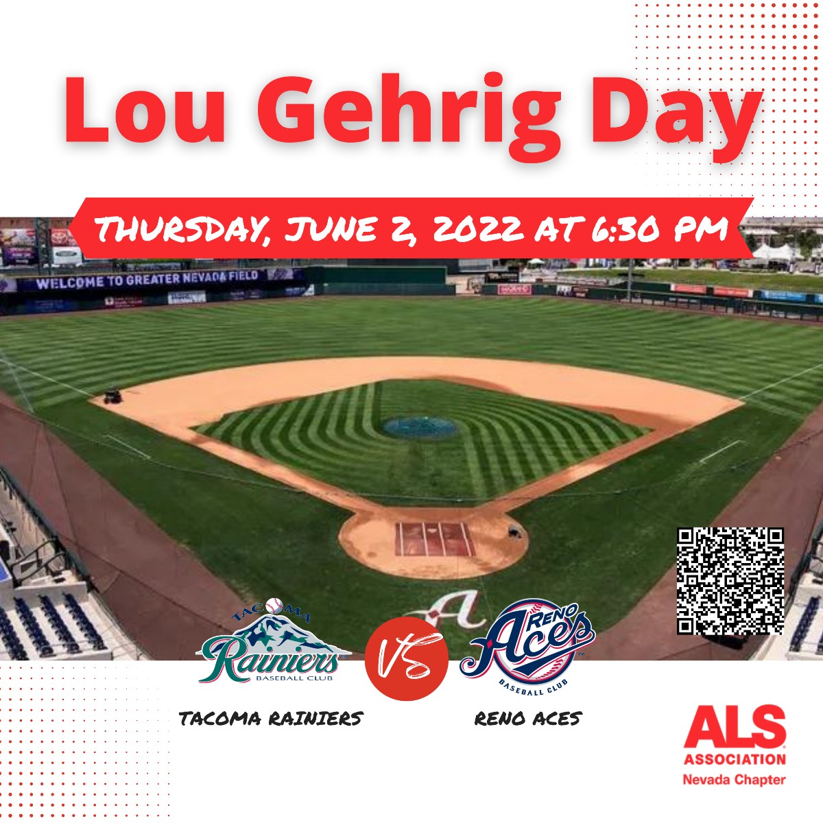 ALS_ofNevada's tweet photo. Join us Thursday, June 2 for Lou Gehrig Day at Greater Nevada Field. Come out to support our ALS families in Nevada and watch the @RenoAces play! Click on the link https://t.co/wHlTD8qXOG to get your tickets today!
#ALSawarenessmonth #nvALS #lougehrigday https://t.co/7GoDxuG6MH