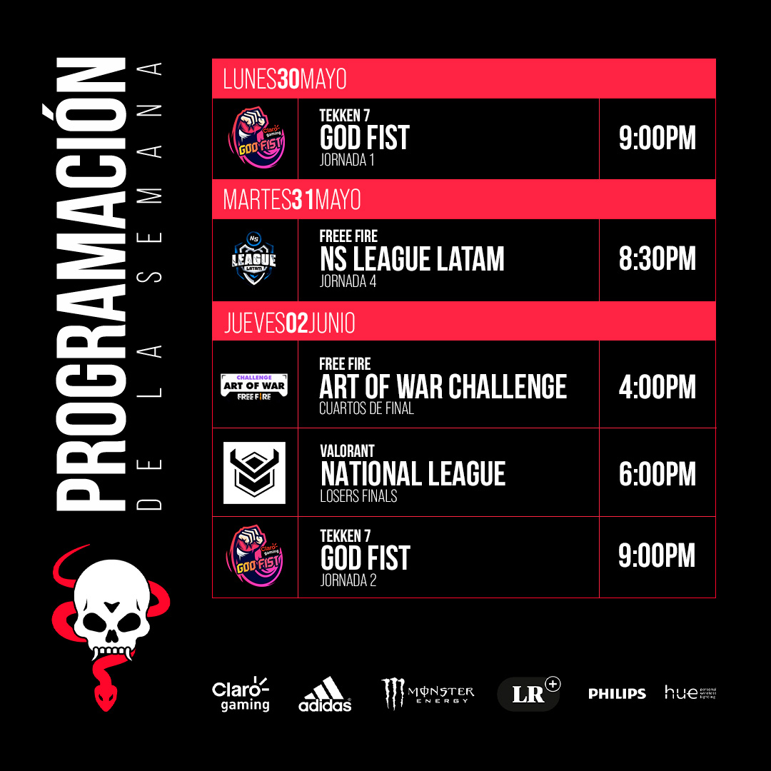 #ProgramacióndelaSemana

Hoy inicia una semana llena de competencia con <a href="/SergieMazter/">ALL | Sergie Mazter</a> nos representará en el torneo God Fist  mientras que nuestro equipo de Free Fire tendrá doble actividad.

Finalmente buscaremos llegar a la Gran Final de la VNL💪

#GoPythons 🐍🩸