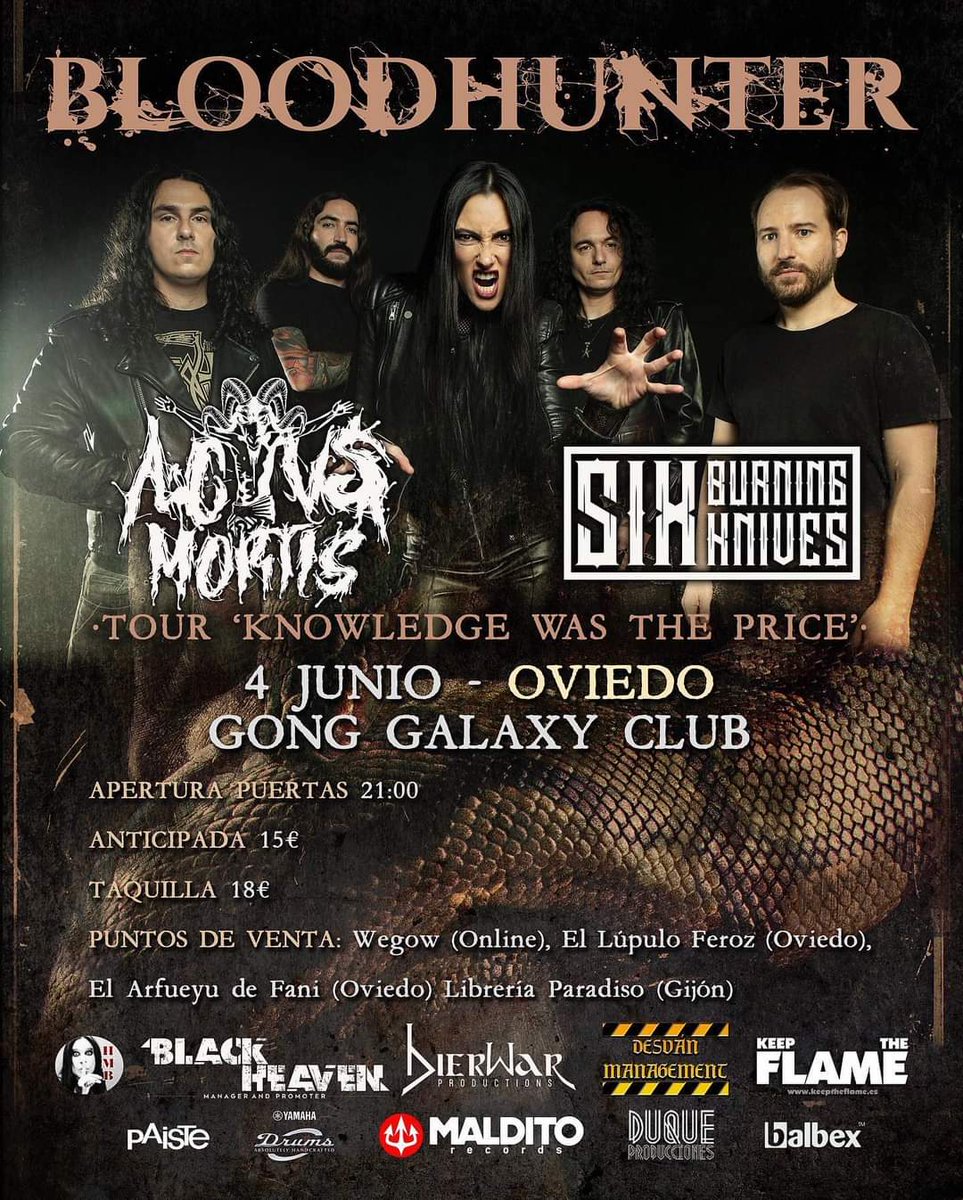 MetalGuardianes's tweet photo. ⚡ Conciertos ⚡
@BLOODHUNTERBand empieza la gira para presentar su último álbum "Knowledge Was The Price"
🤘 3 Junio Sala Nazca Madrid con @KillusBand y #Reeper
🤘 4 Junio Gon Galaxy Club Oviedo con #AntvsMortis y @VIBURNINGKNIVES
Entradas aqui ⬇️⬇️⬇️
https://t.co/eKcHbqoiYQ https://t.co/OPveJ8VEEv