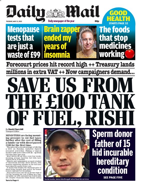 AllieHBNews's tweet photo. Tuesday’s Daily MAIL: “Save Us From The £100 Tank Of Fuel, Rishi” #TomorrowsPapersToday https://t.co/v5u9MpScEX