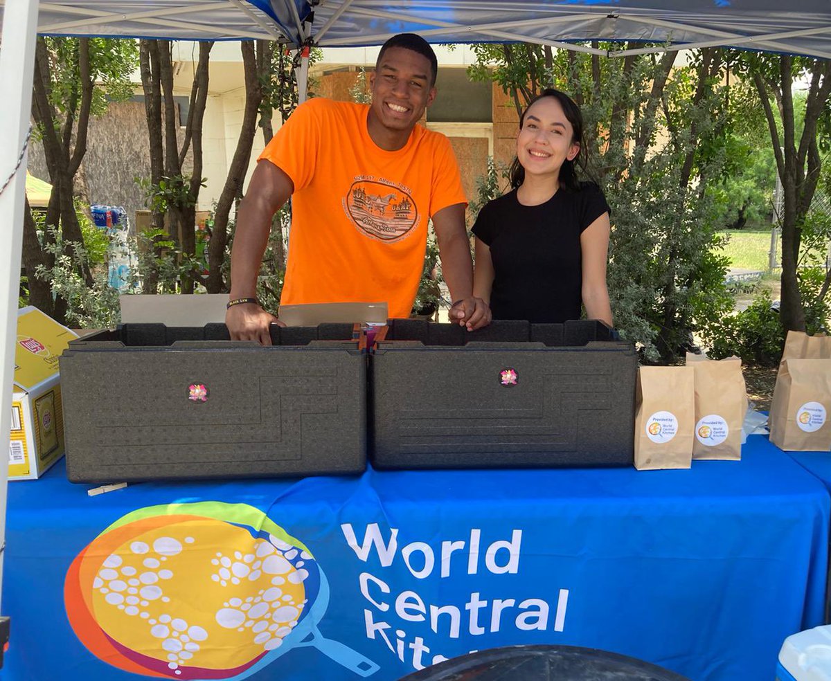 From Uvalde, Texas where we have 5 restaurants serving today: Our awesome volunteer Josie cut slices of watermelon 🍉 for folks on this 100 degree day. David &amp; Benya have been busy all morning handing out sandwiches. And the smoothies are a big hit with the kids! #ChefsForUvalde