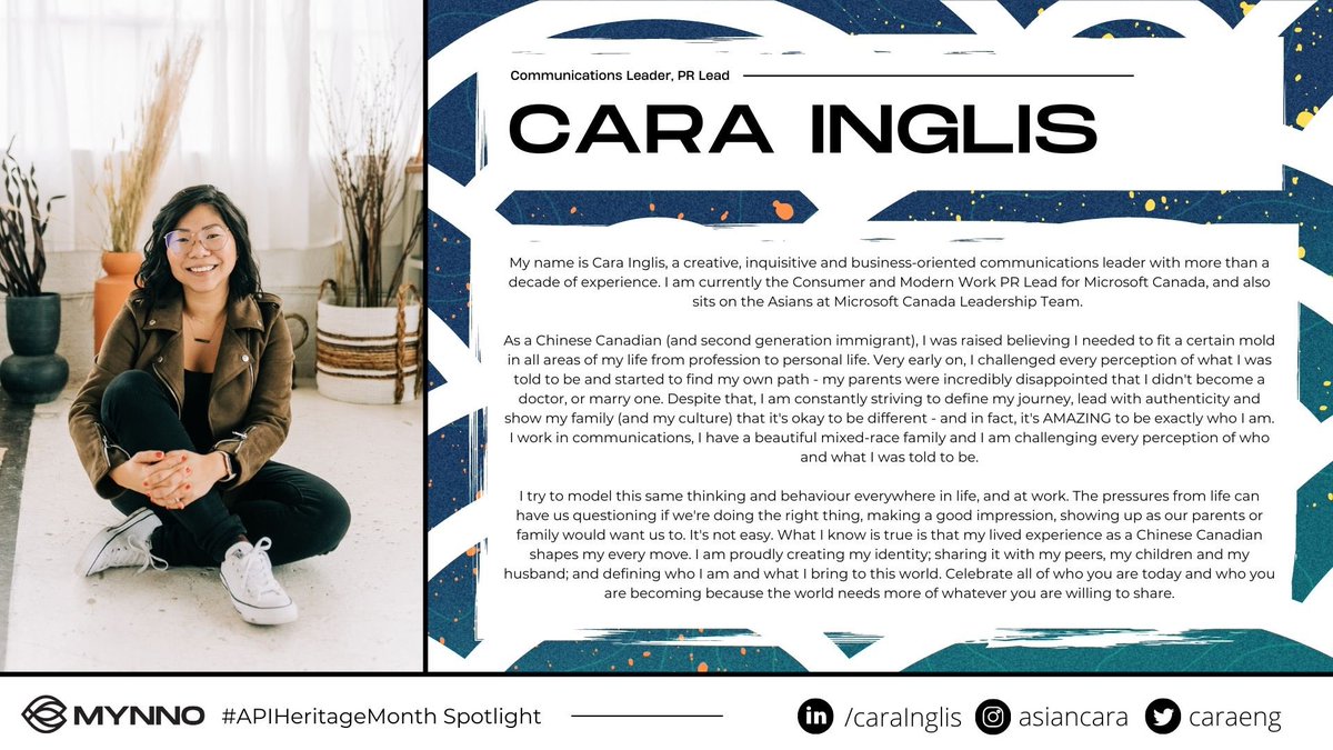 wearemynno's tweet photo. #APIHeritageMonth Feature:
“It’s okay to be different - and in fact, it’s AMAZING to be exactly who I am.” Today we feature, 
CARA
@caraeng 

#WeAreMynno https://t.co/4bTY1n7wfq