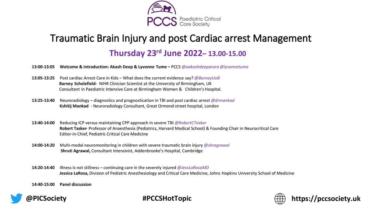 Join us on the 23rd of June for our free #pedsicu webinar on: Traumatic Brain Injury and post Cardiac arrest Management

Part 2 of our #PCCSHotTopic
series , accompanied by a podcast and educational twitter thread

Stellar lineup 👀

Register here for free
tinyurl.com/39am6xbn